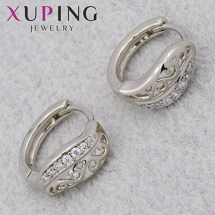 Серьги женские позолота фирма Xuping Jewelry родий кольцо конго листочки с узорами диаметр колечка 14 мм, фото 1
