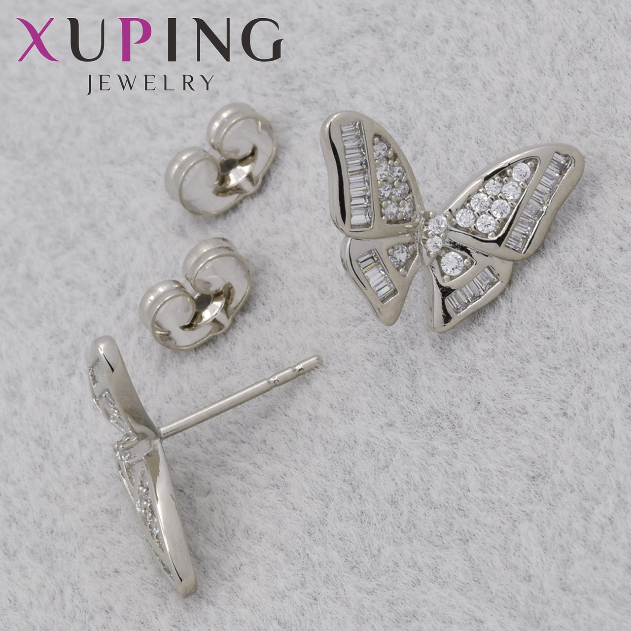 Серьги женские позолота фирма Xuping Jewelry родий застёжка гвоздик бабочки с белыми камушками 15х15 мм
