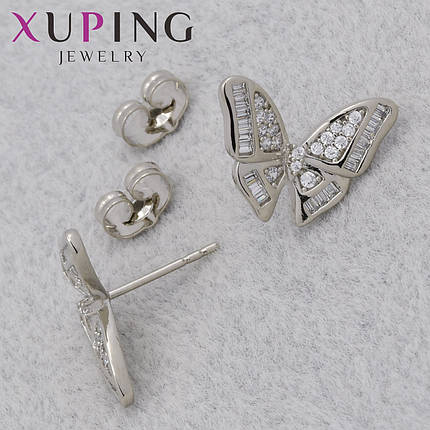 Серьги женские позолота фирма Xuping Jewelry родий застёжка гвоздик бабочки с белыми камушками 15х15 мм, фото 1