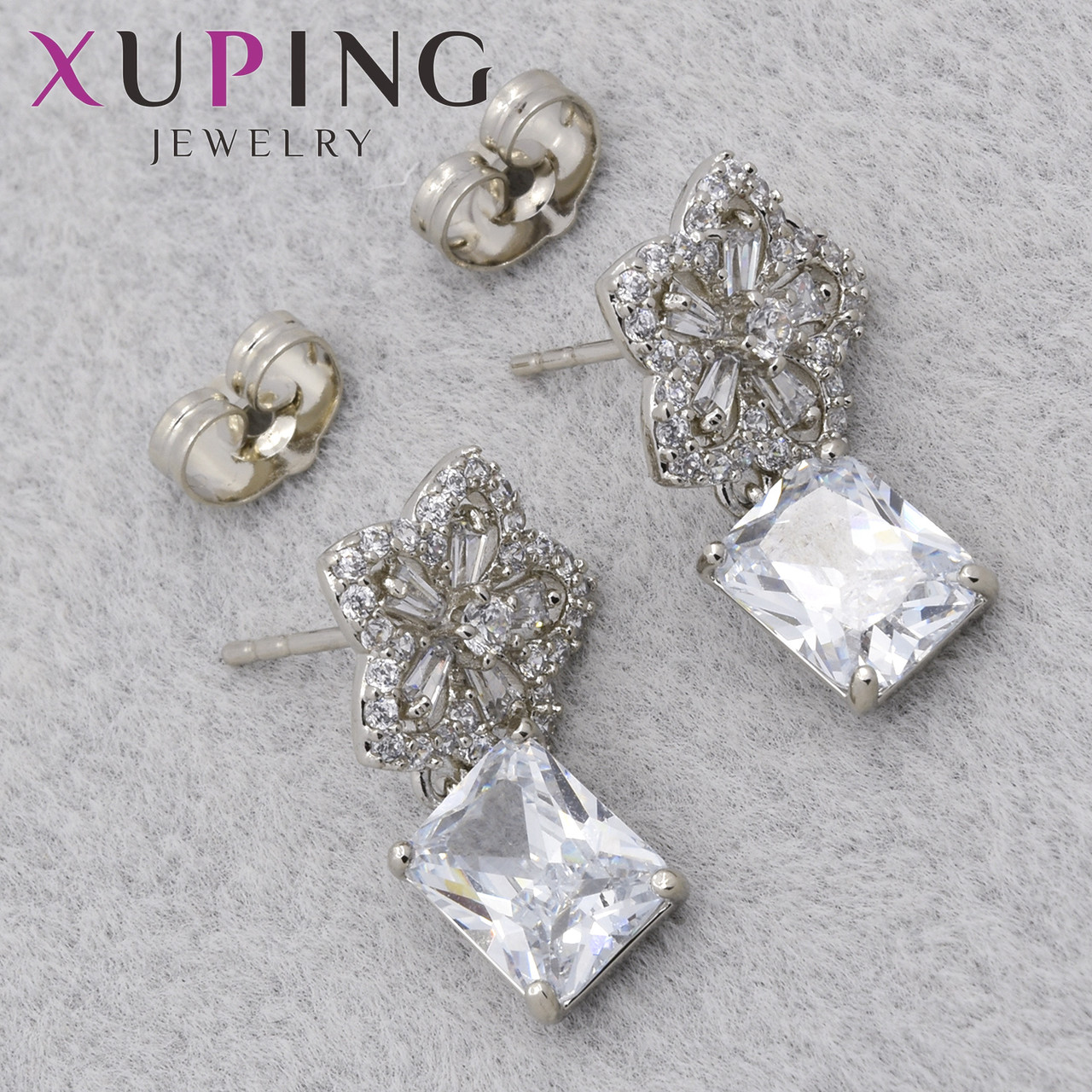 Серьги женские позолота фирма Xuping Jewelry родий застёжка гвоздик цветочки с камнями сваровски 21х13 мм