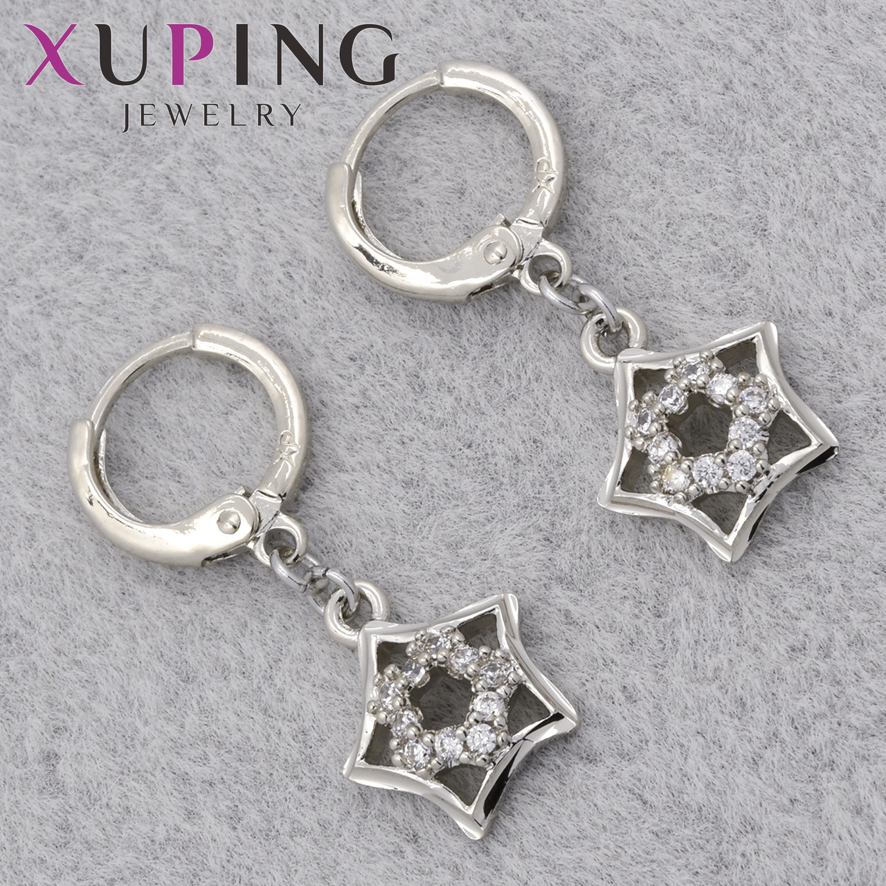 Серьги женские позолота фирма Xuping Jewelry родий кольцо конго звёздочки с белыми стразами размер 27х10 мм