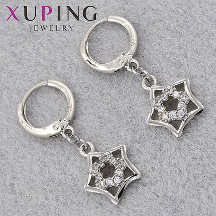 Серьги женские позолота фирма Xuping Jewelry родий кольцо конго звёздочки с белыми стразами размер 27х10 мм, фото 1