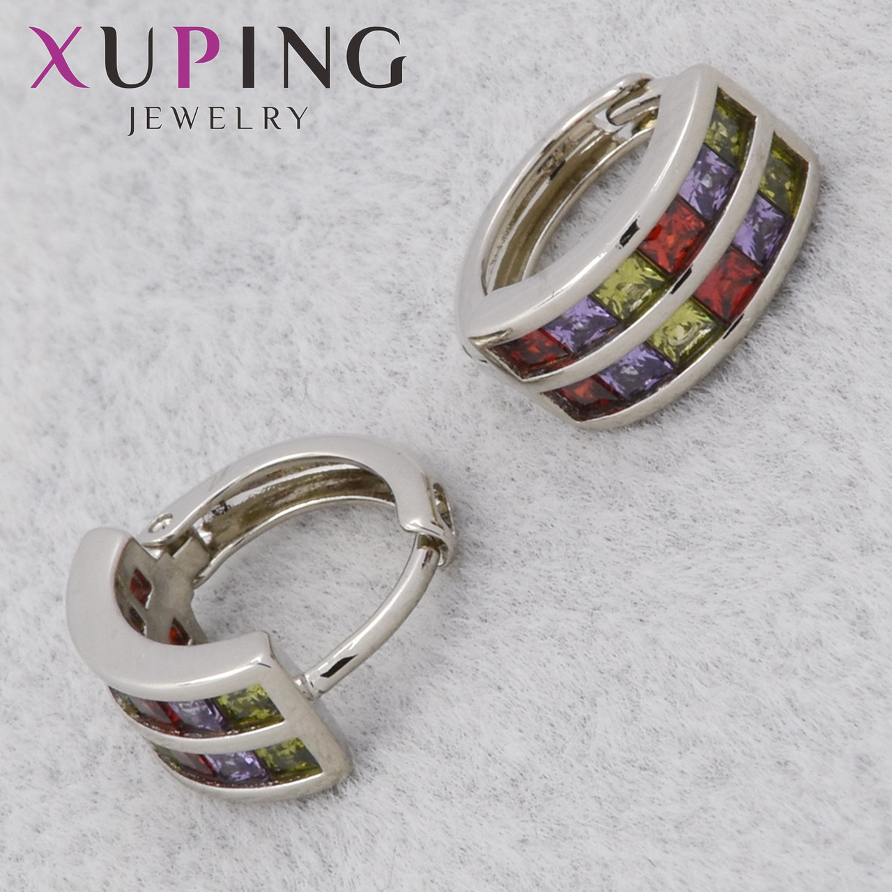 Серьги женские позолота фирма Xuping Jewelry родий кольцо конго с разноцветными кристаллами диаметр 13 мм