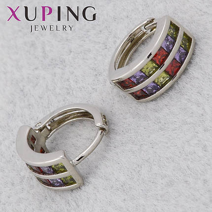Серьги женские позолота фирма Xuping Jewelry родий кольцо конго с разноцветными кристаллами диаметр 13 мм, фото 1