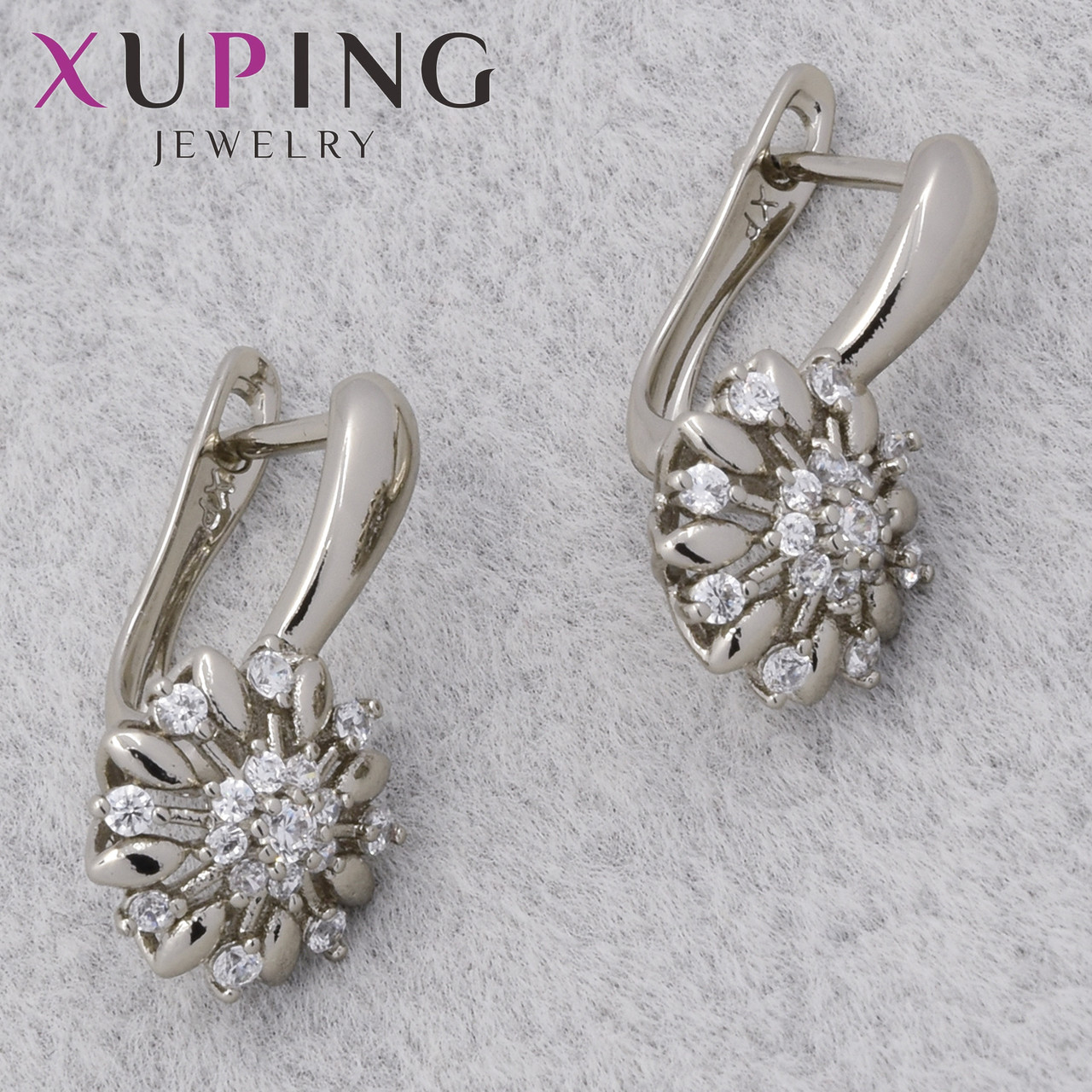 Серьги женские позолота фирма Xuping Jewelry родий английская застёжка с белым цирконом размер 20х10 мм