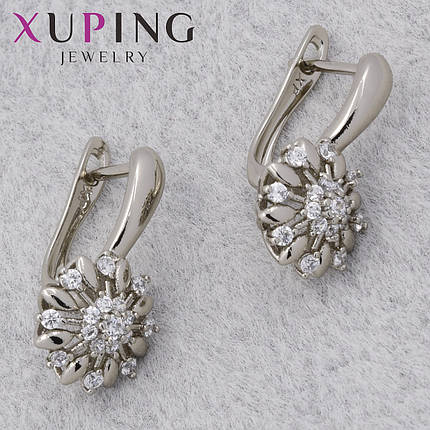 Серьги женские позолота фирма Xuping Jewelry родий английская застёжка с белым цирконом размер 20х10 мм, фото 1