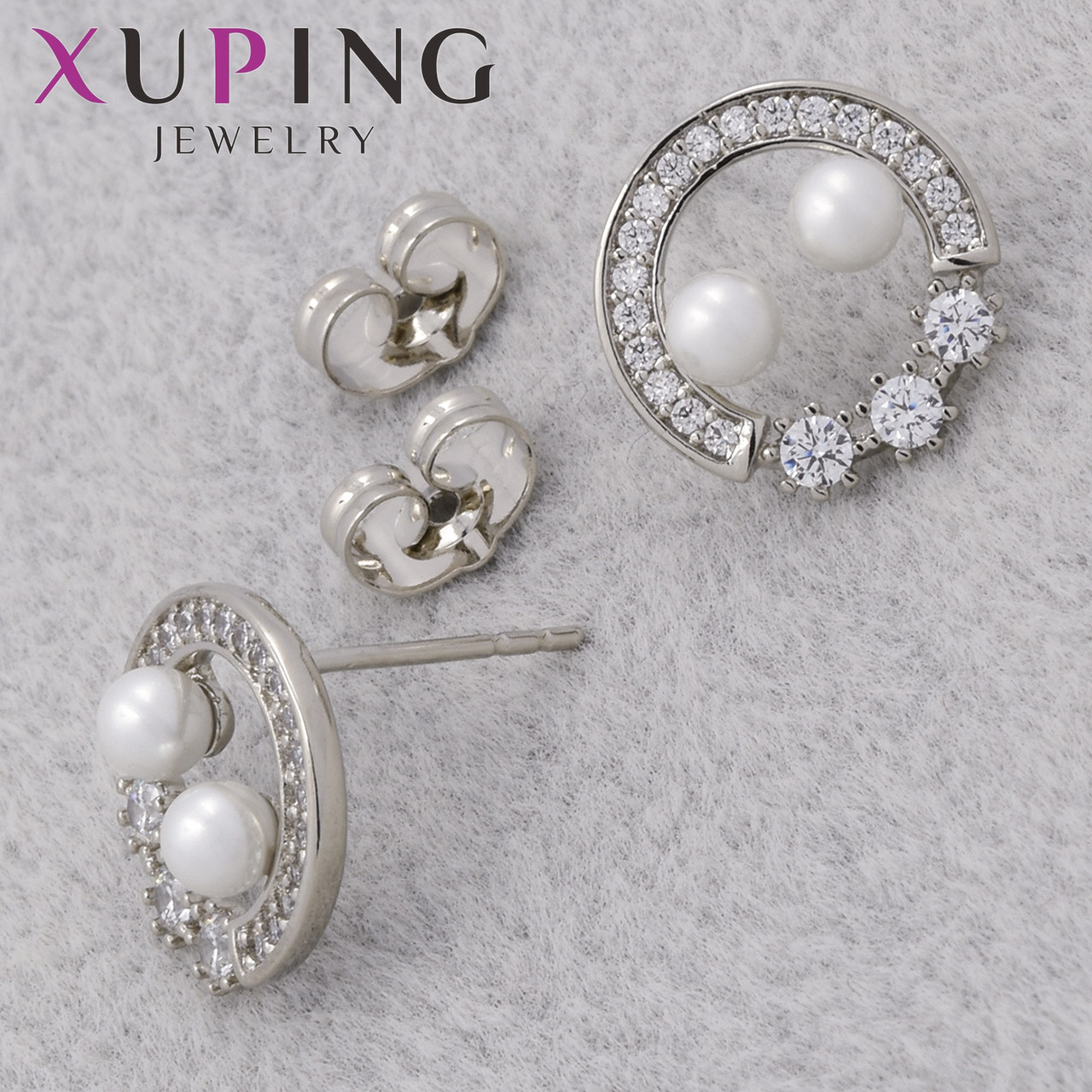 Серьги женские позолота фирма Xuping Jewelry родий застёжка гвоздик с стразами и жемчужинками размер 13х13 мм