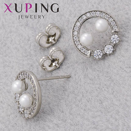 Серьги женские позолота фирма Xuping Jewelry родий застёжка гвоздик с стразами и жемчужинками размер 13х13 мм, фото 1
