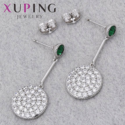 Серьги женские позолота фирма Xuping Jewelry родий застёжка гвоздик с изумрудными стразами размер 34х15 мм, фото 1