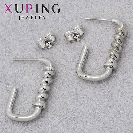 Серьги женские позолота фирма Xuping Jewelry родий застёжка гвоздик полукольца трубочки размер 25х15 мм, фото 1