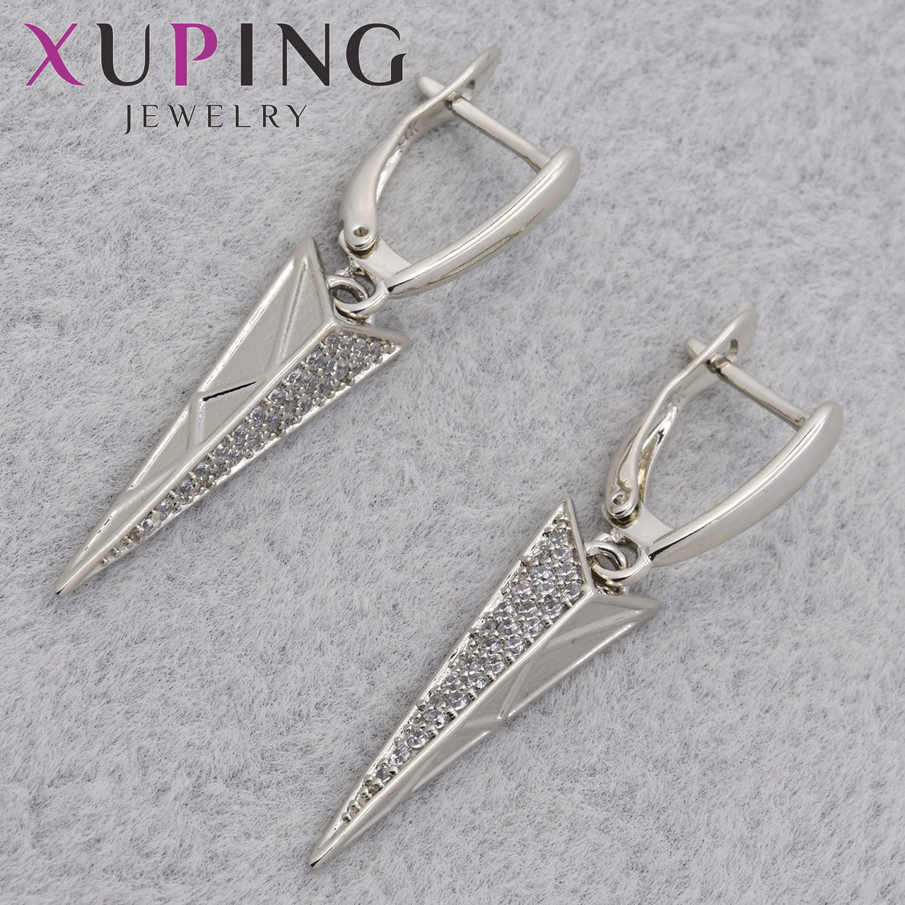 Серьги женские позолота фирма Xuping Jewelry родий английская застёжка с белыми кристаллами размер 40х7 мм