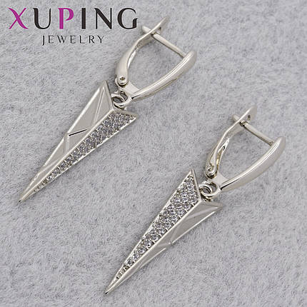 Серьги женские позолота фирма Xuping Jewelry родий английская застёжка с белыми кристаллами размер 40х7 мм, фото 1