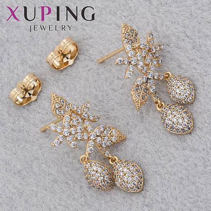Серьги женские позолота 18K Xuping Jewelry застёжка гвоздик цветочки с лепесточками с камнями размер 30х15 мм, фото 1