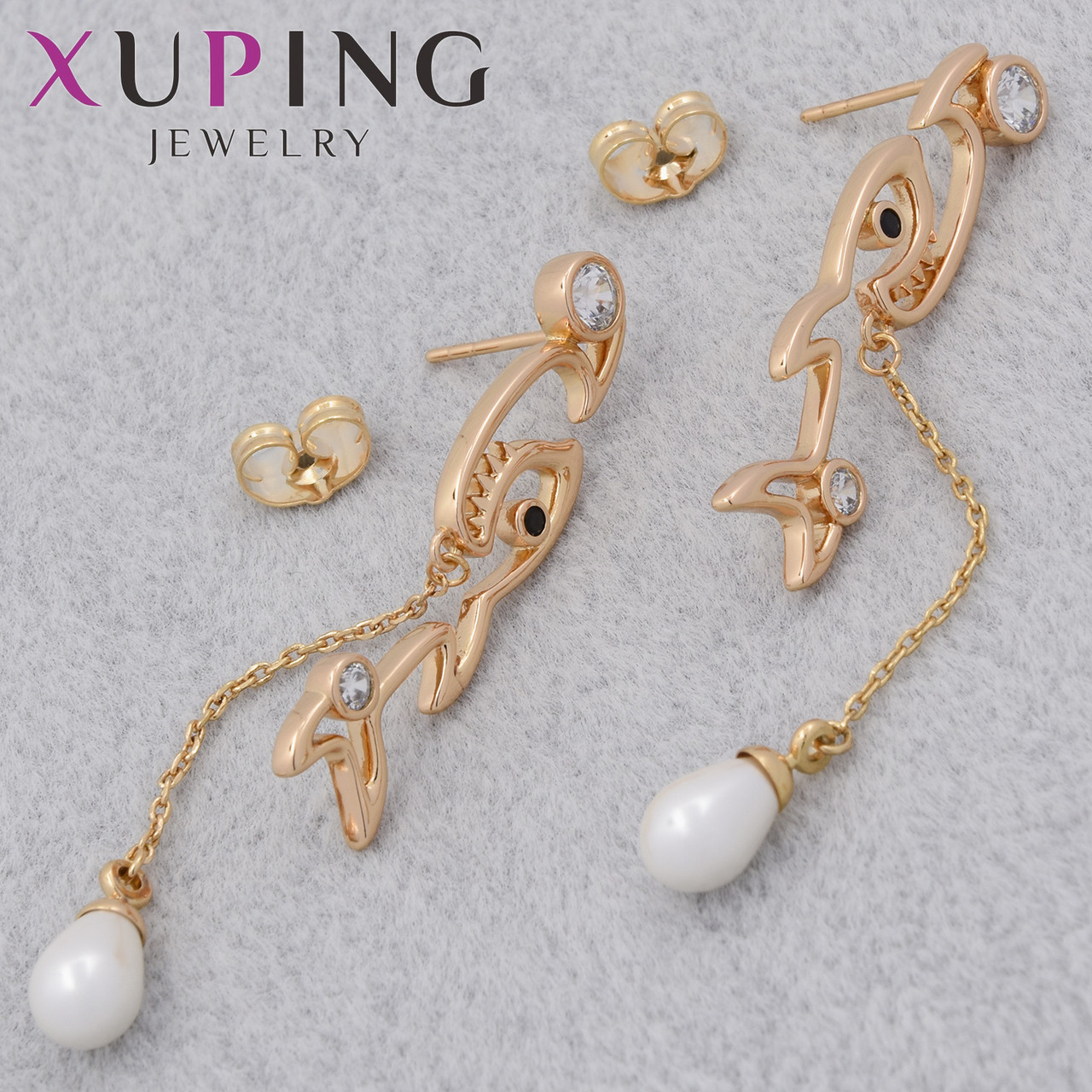 Серьги женские позолота 18K Xuping Jewelry застёжка гвоздик акулы с стразами и жемчугом размер 65х8 мм