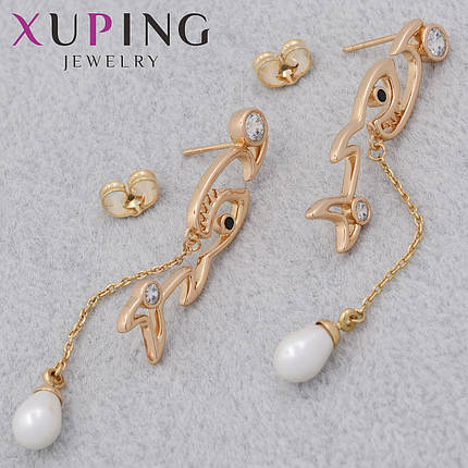 Серьги женские позолота 18K Xuping Jewelry застёжка гвоздик акулы с стразами и жемчугом размер 65х8 мм, фото 1