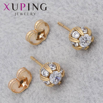 Серьги женские позолота 18K Xuping Jewelry застёжка гвоздик с белыми кристаллами и лапками размер 7х7 мм, фото 1