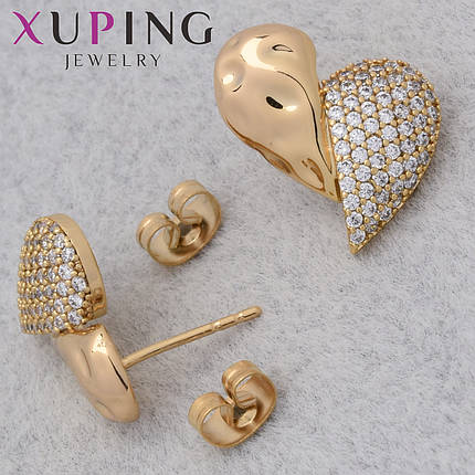 Серьги женские позолота 18K Xuping Jewelry застёжка гвоздик сердечки с белыми камушками размер 15х15 мм, фото 1