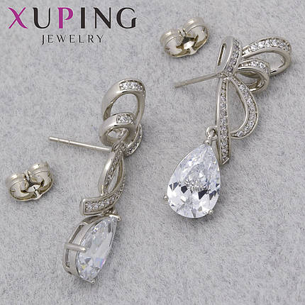 Серьги женские позолота фирма Xuping Jewelry родий застёжка гвоздик бантики с кристаллами размер 33х10 мм, фото 1