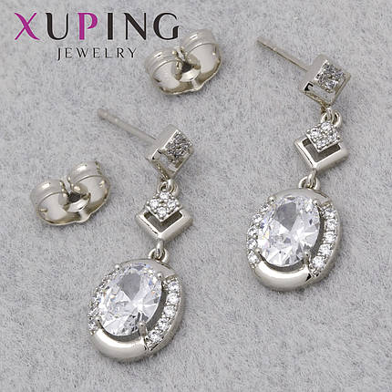 Серьги женские позолота фирма Xuping Jewelry родий застёжка гвоздик с белыми стразами размер 25х10 мм, фото 1