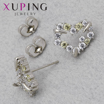 Серьги женские позолота фирма Xuping Jewelry родий застёжка гвоздик сердечки с кристаллами размер 12х14 мм, фото 1