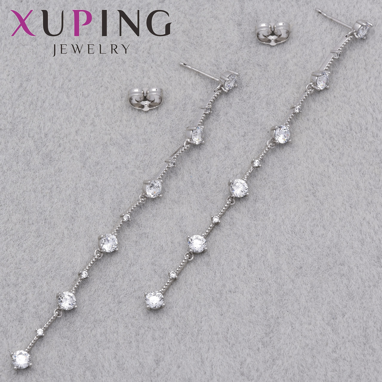 Серьги женские позолота фирма Xuping Jewelry родий застёжка гвоздик с хрустальными камнями размер 85х6 мм