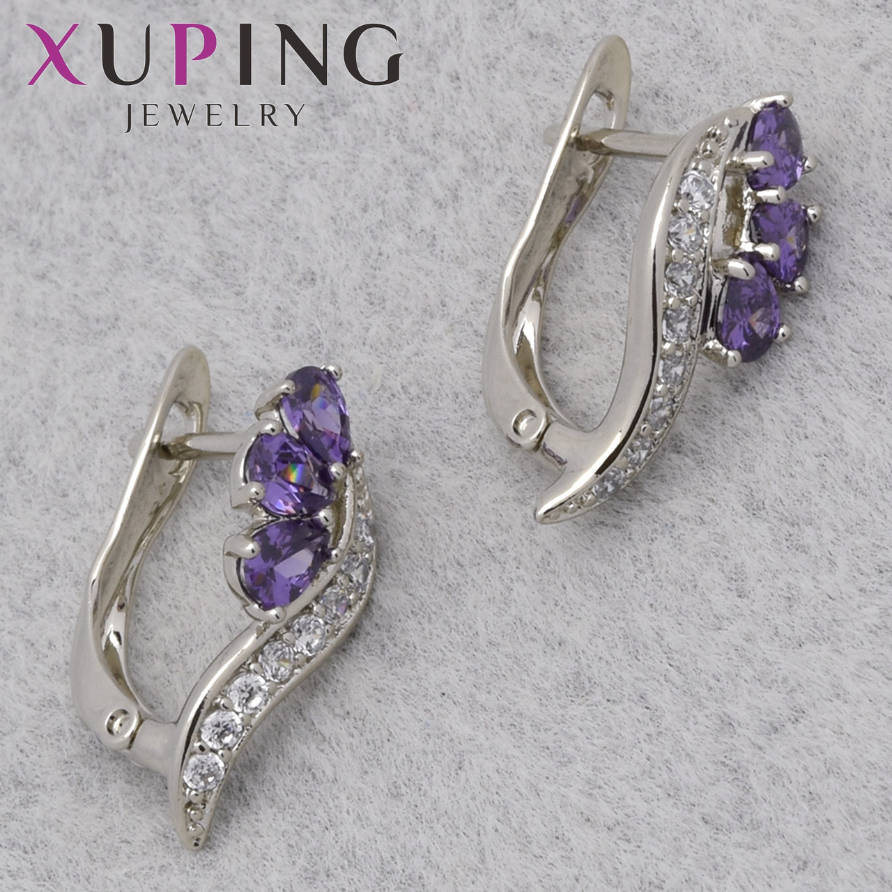 Серьги женские позолота фирма Xuping Jewelry родий английская застёжка с белым цирконом размер 17х7 мм