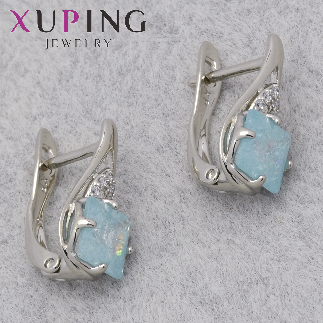 Серьги женские позолота фирма Xuping Jewelry родий английская застёжка с голубыми кристаллами размер 15х7 мм