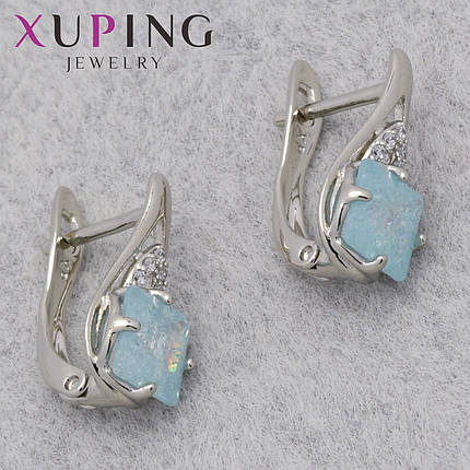 Серьги женские позолота фирма Xuping Jewelry родий английская застёжка с голубыми кристаллами размер 15х7 мм, фото 1