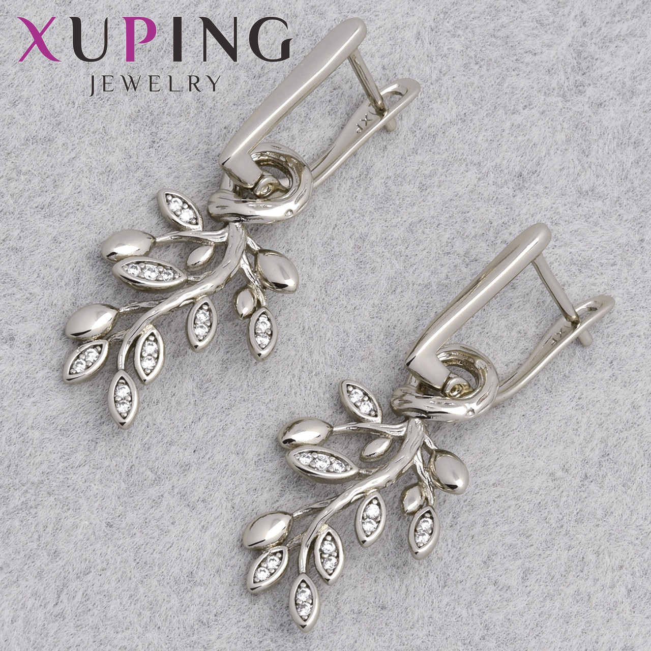 Серьги женские позолота фирма Xuping Jewelry родий английская застёжка листочки с камушками размер 35х13 мм