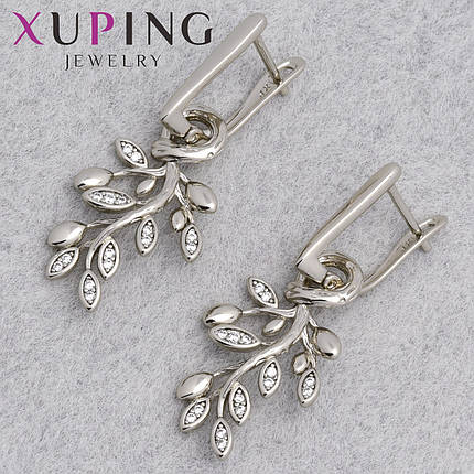 Серьги женские позолота фирма Xuping Jewelry родий английская застёжка листочки с камушками размер 35х13 мм, фото 1