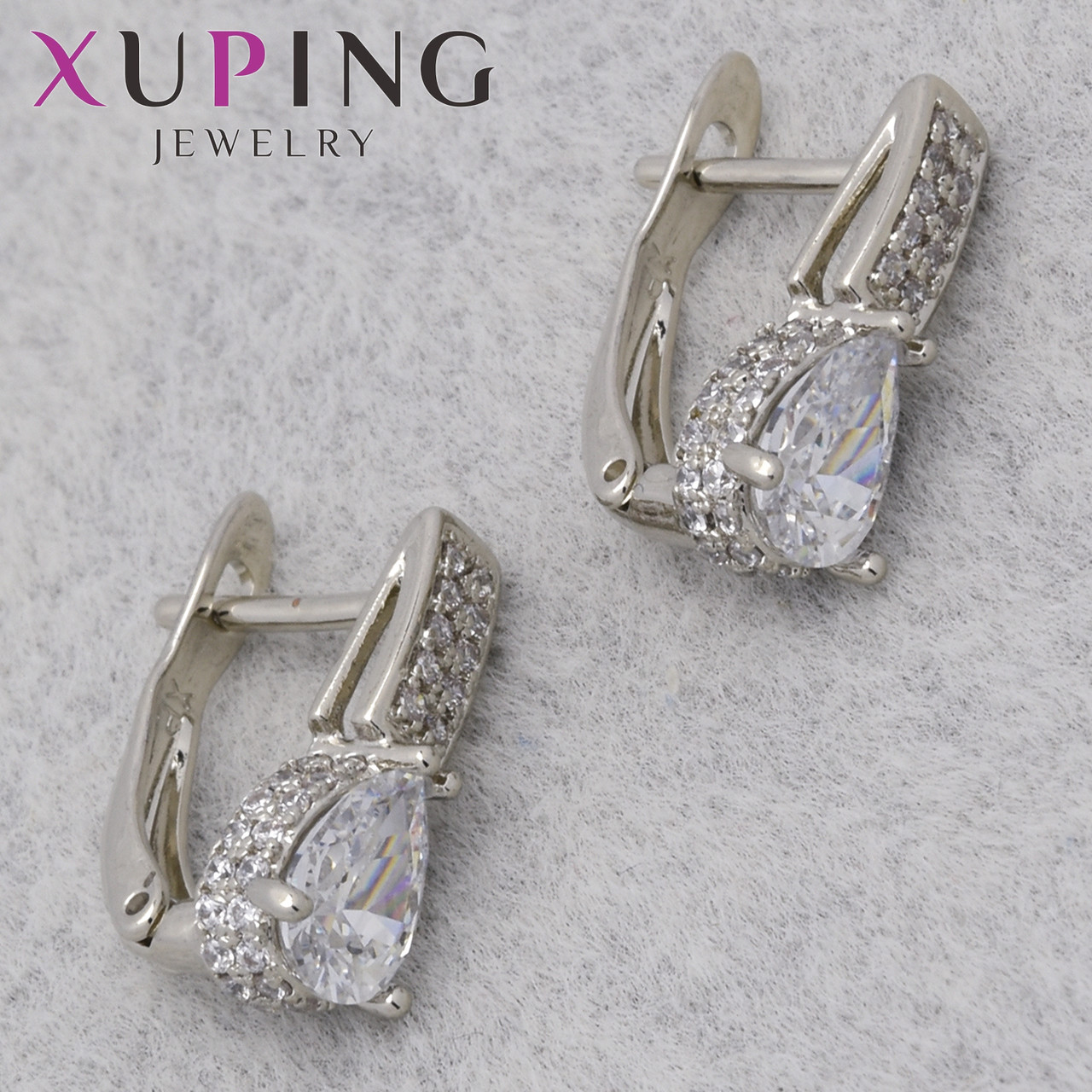 Серьги женские позолота фирма Xuping Jewelry родий английская застёжка камушки сваровски размер 15х5 мм