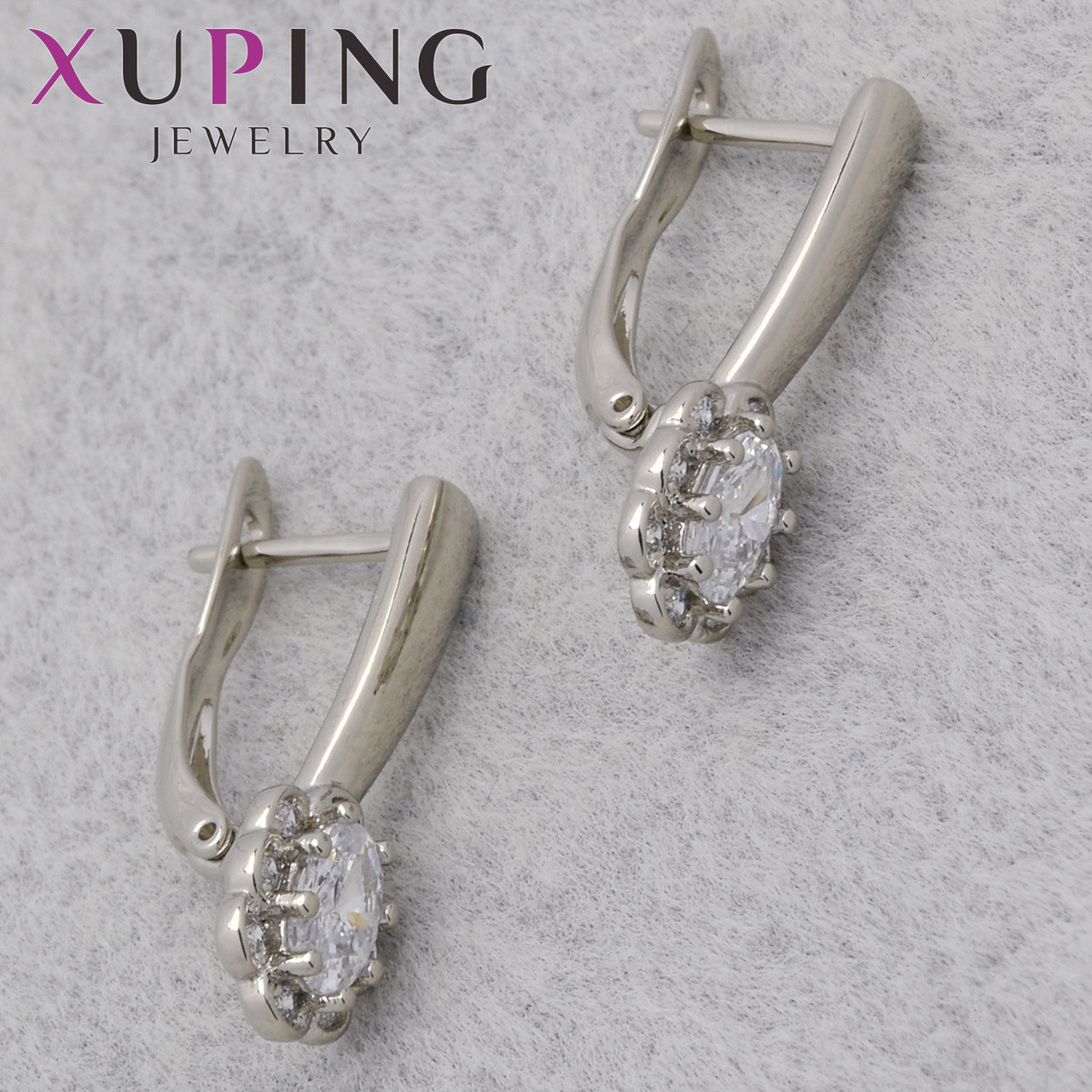 Серьги женские позолота фирма Xuping Jewelry родий английская застёжка с белыми стразами размер 20х7 мм