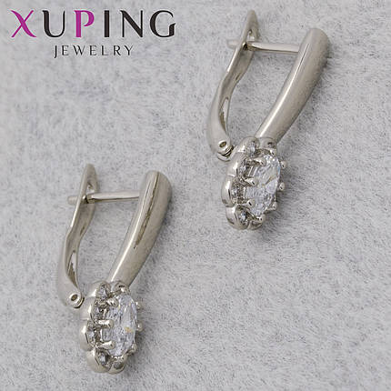 Серьги женские позолота фирма Xuping Jewelry родий английская застёжка с белыми стразами размер 20х7 мм, фото 1