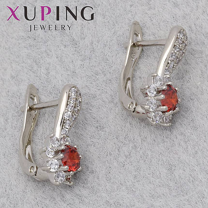 Серьги женские позолота фирма Xuping Jewelry родий английская застёжка с красными камушками размер 15х7 мм, фото 1