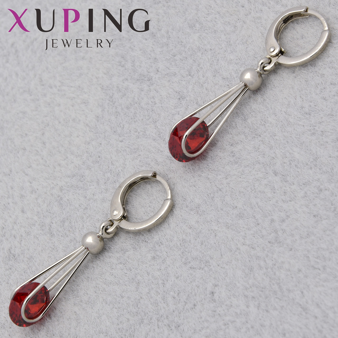 Серьги женские позолота фирма Xuping Jewelry родий кольцо конго с красными стразами  диаметр кольца 10 мм