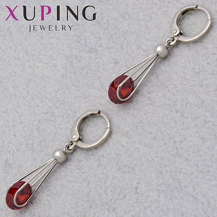 Серьги женские позолота фирма Xuping Jewelry родий кольцо конго с красными стразами  диаметр кольца 10 мм, фото 1