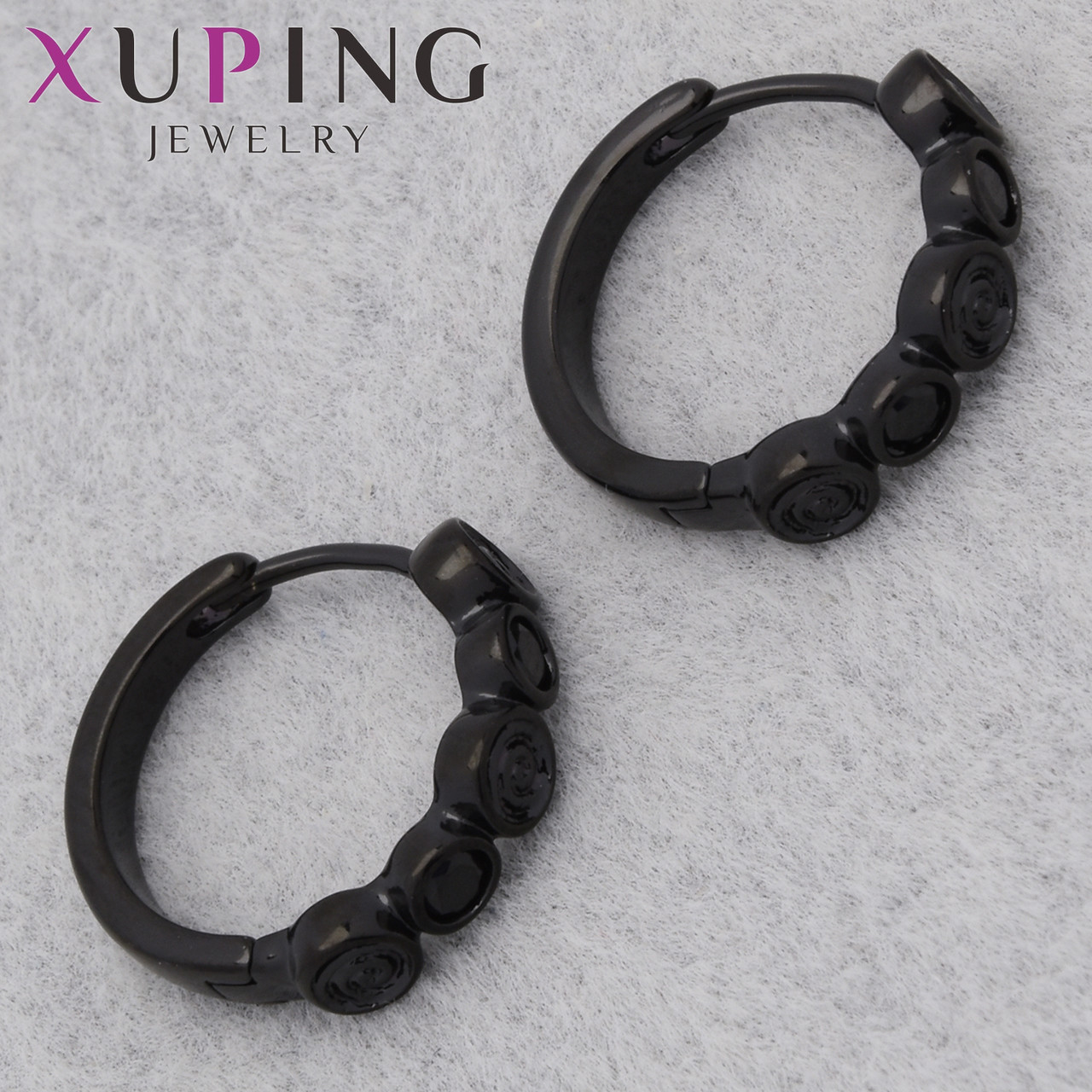 Серьги женские фирма Xuping Jewelry родий черного цвета кольцо конго с чёрными стразами диаметр кольца 18 мм