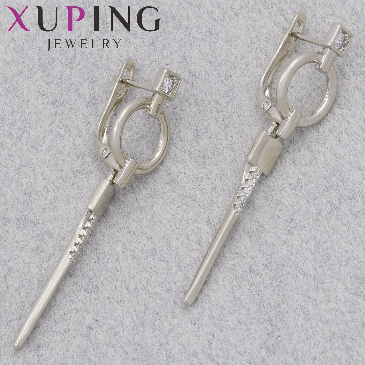 Серьги женские позолота фирма Xuping Jewelry родий английская застёжка с белыми стразами размер 45х10 мм