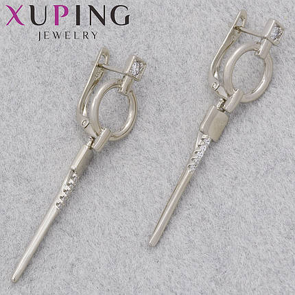 Серьги женские позолота фирма Xuping Jewelry родий английская застёжка с белыми стразами размер 45х10 мм, фото 1