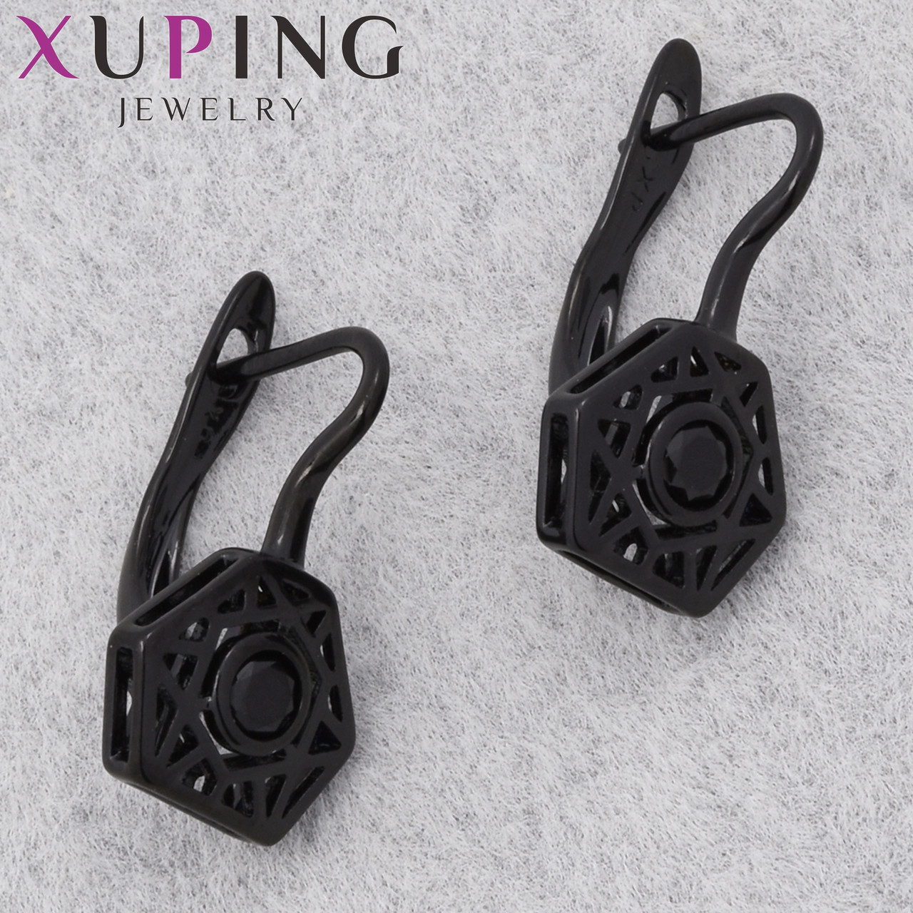Серьги женские позолота фирма Xuping Jewelry родий английская застёжка с черными камнями размер 18х10 мм