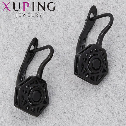 Серьги женские позолота фирма Xuping Jewelry родий английская застёжка с черными камнями размер 18х10 мм, фото 1