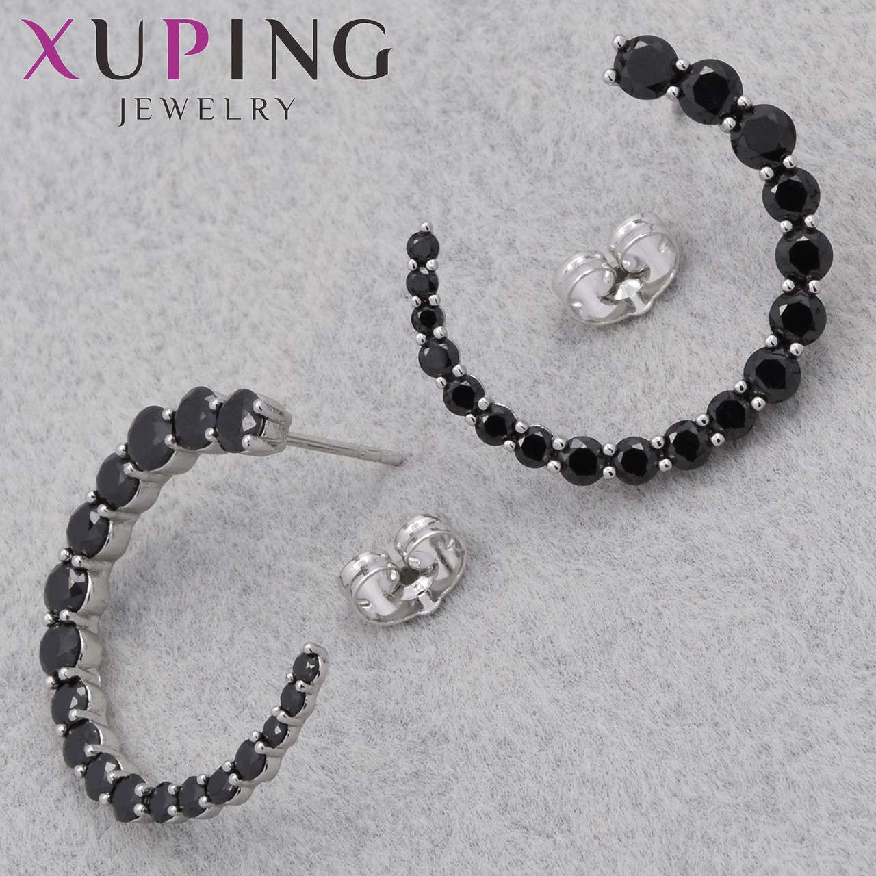 Серьги женские позолота фирма Xuping Jewelry родий гвоздики пуссеты с черными кристаллами размер 25х25 мм