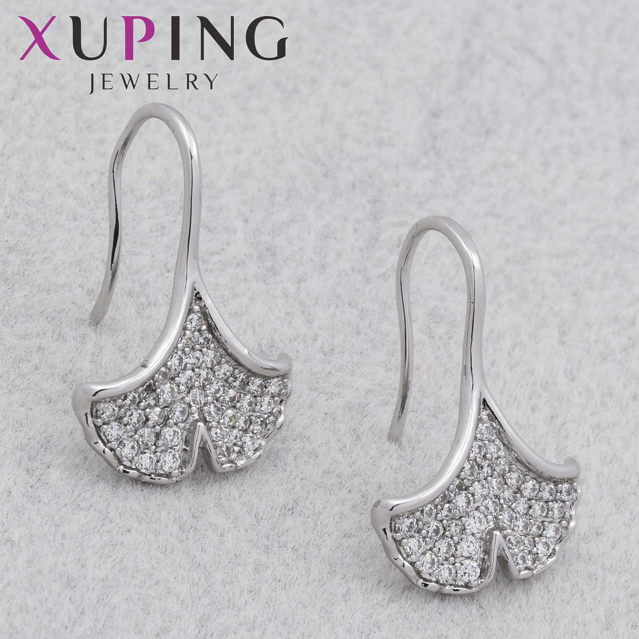 Серьги женские позолота фирма Xuping Jewelry родий застёжка петля с белыми камушками размер 23х15 мм