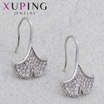 Серьги женские позолота фирма Xuping Jewelry родий застёжка петля с белыми камушками размер 23х15 мм, фото 1