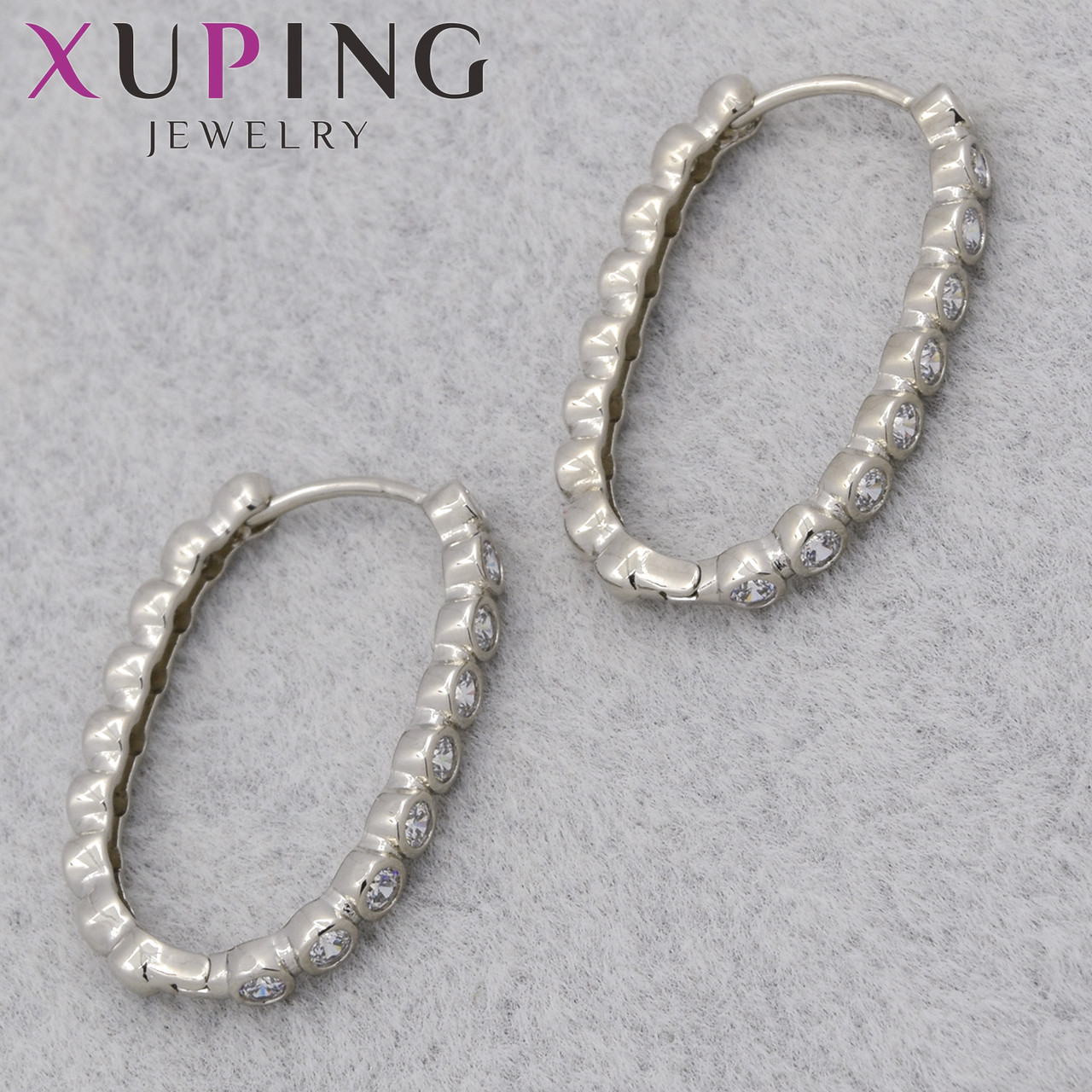 Серьги женские фирма Xuping Jewelry родий кольцо конго овалы с белыми камушками диаметр кольца 24 мм