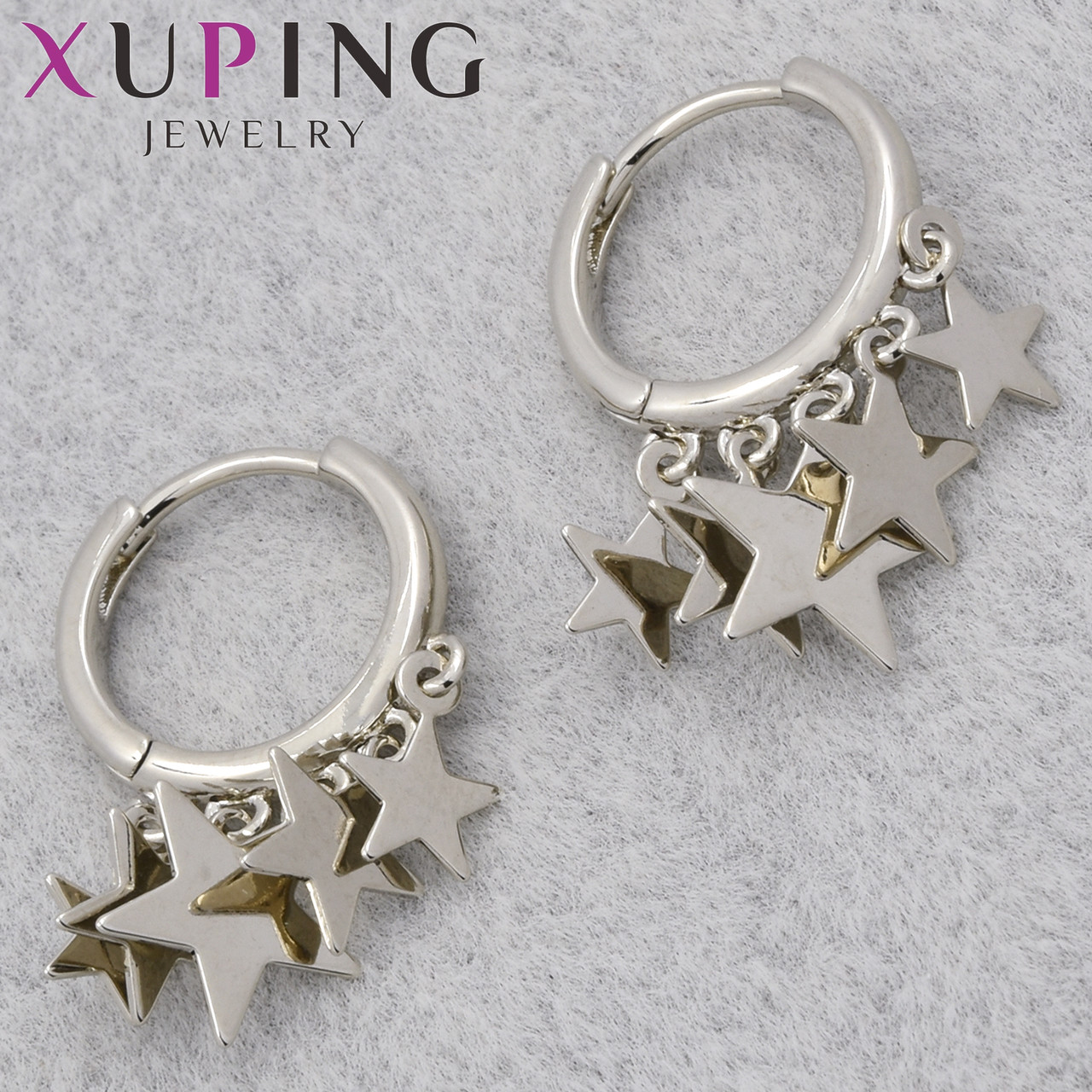 Серьги женские фирма Xuping Jewelry родий кольцо конго с серебристыми звёздочками диаметр кольца 13 мм