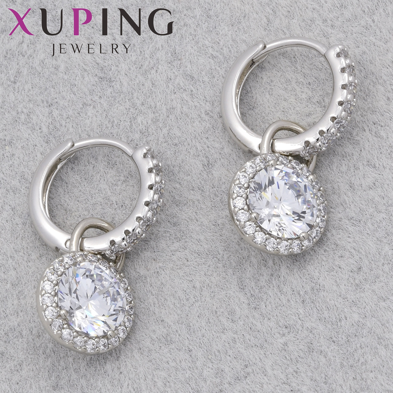 Серьги женские фирма Xuping Jewelry родий кольцо конго с переливающимися кристаллами диаметр кольца 13 мм