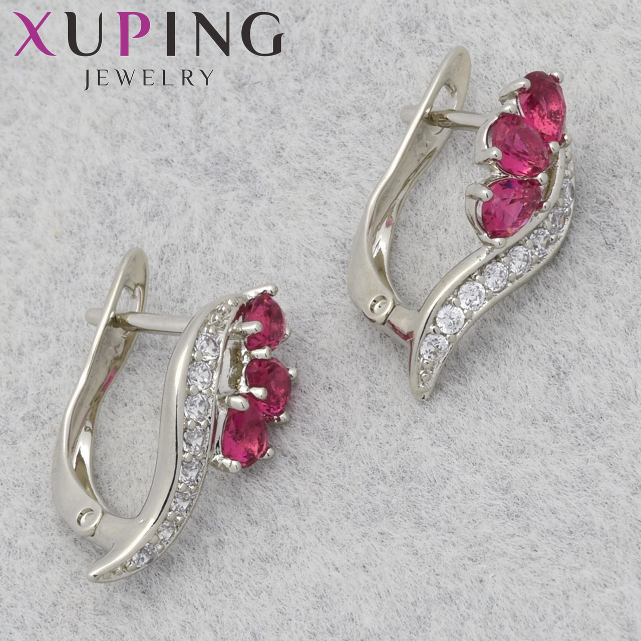 Серьги женские позолота фирма Xuping Jewelry родий английская застёжка с разноцветными стразами размер 17х8 мм