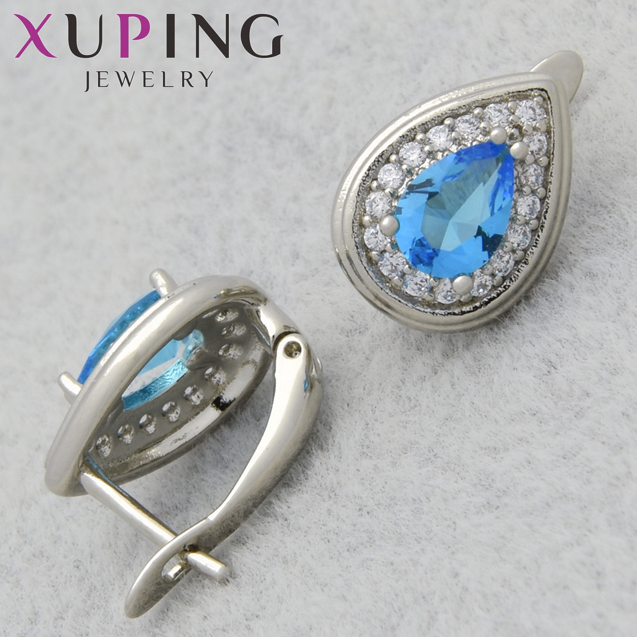 Серьги женские позолота фирма Xuping Jewelry родий английская застёжка с голубыми кристаллами размер 12х10 мм