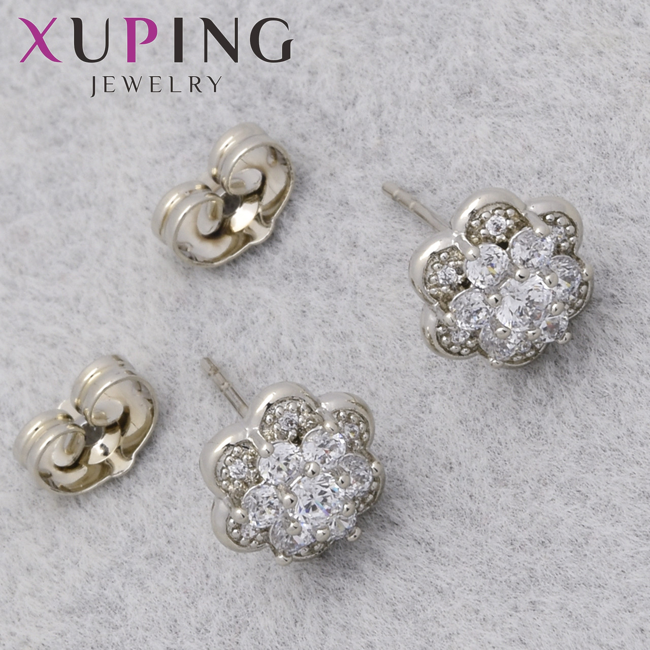Серьги женские позолота фирма Xuping Jewelry родий гвоздики пуссеты с кристаллами размер изделия 10х10 мм